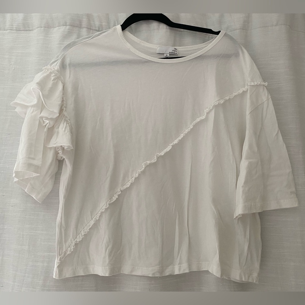 Ten Sixty Sherman Top Womens X-Large Asymmetrical Ruffle Tee Shirt White
